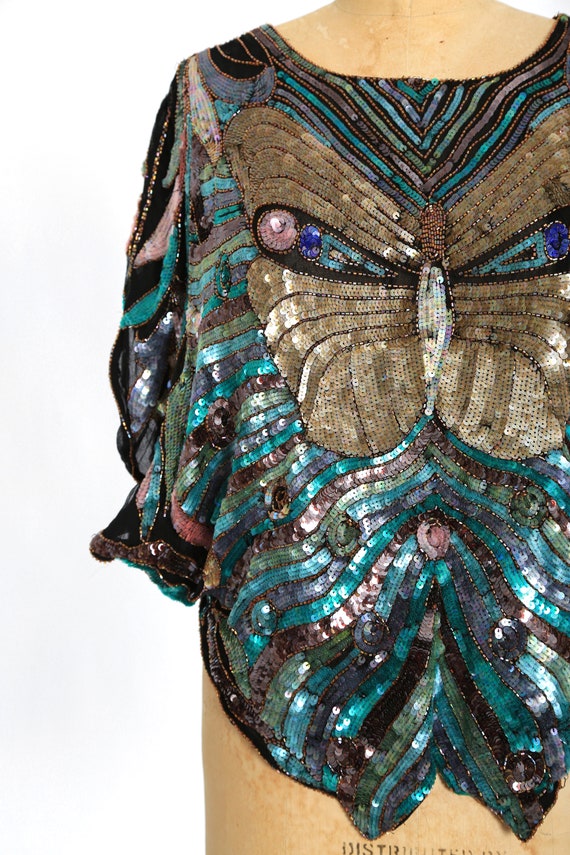 Butterfly silk blouse | Vintage 70s beaded sequin… - image 4