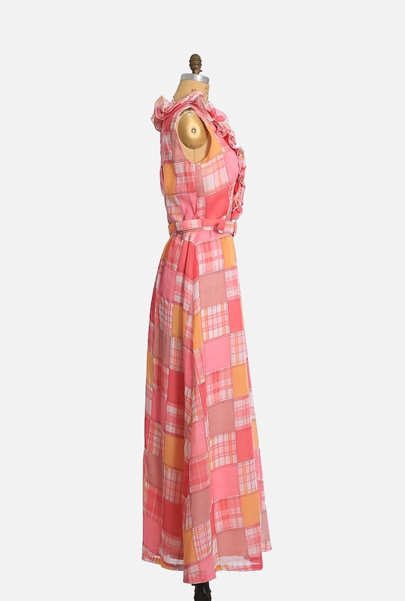 Vintage 70s pink ruffle patchwork print maxi Dres… - image 5