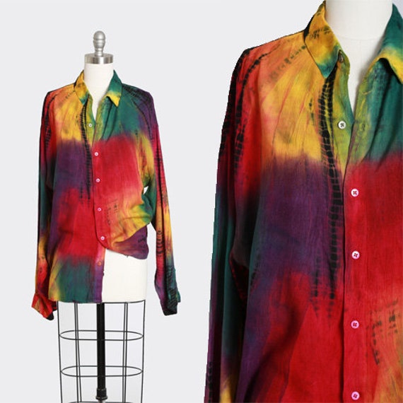 Rainbow tie dye blouse | Vintage 90s rayon tie dy