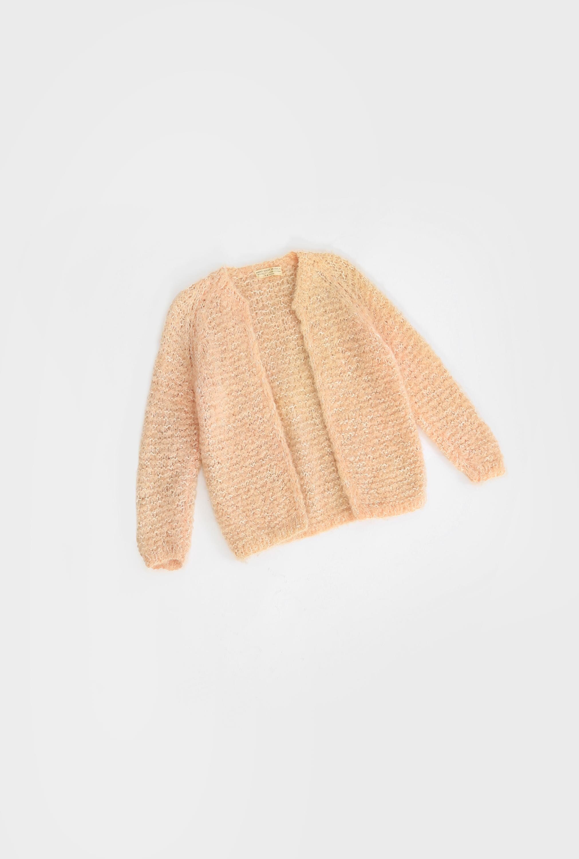 Vintage 60s Pink Hand Knit Italian Mohair Wool Sweater Cardigan