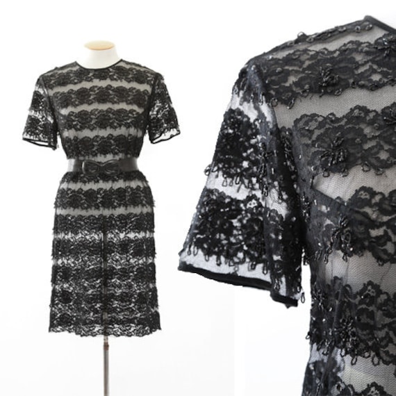 60s lace dress | Vintage 60s beaded floral lace dr
