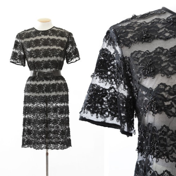 Vintage 60s black lace beaded mini dress - image 1