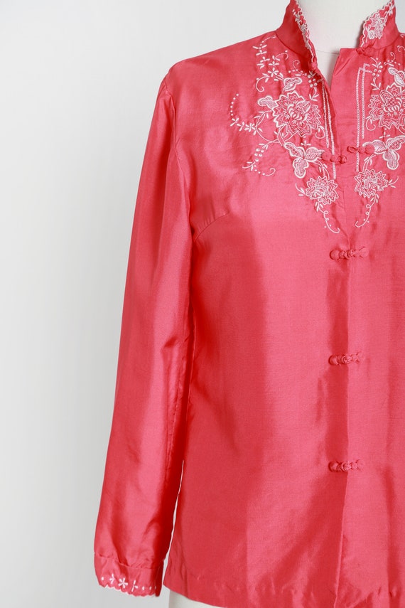 Vintage 50s hand embroidered pink Chinese silk bl… - image 3