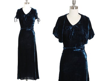 30s 40s blue silk velvet dress | Antique Vintage 1930s 1940s bow cutout velvet dress bolero