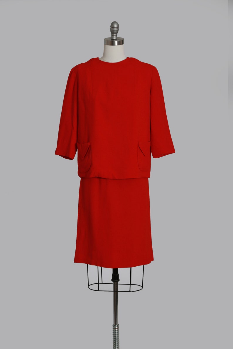 60s red wool suit Vintage 1960s red 2pc shift dress top suit Mid century Modern 2pc dress suit image 7