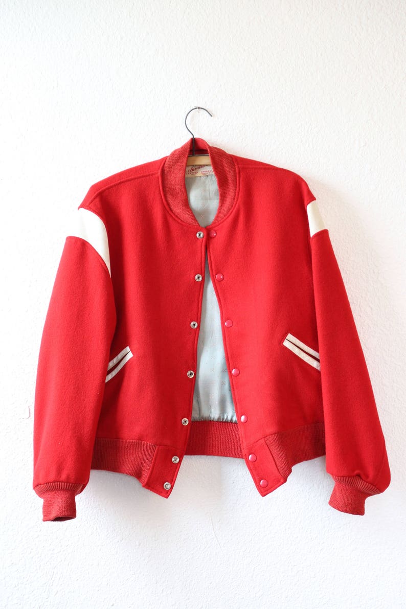 Vintage 40s Red Letterman White Leather Wool Varsity College Coat Jacket