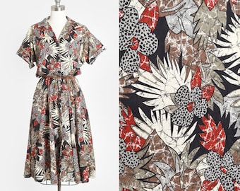 Safari Dress | Vintage 80s Tropical floral leopard print midi dress