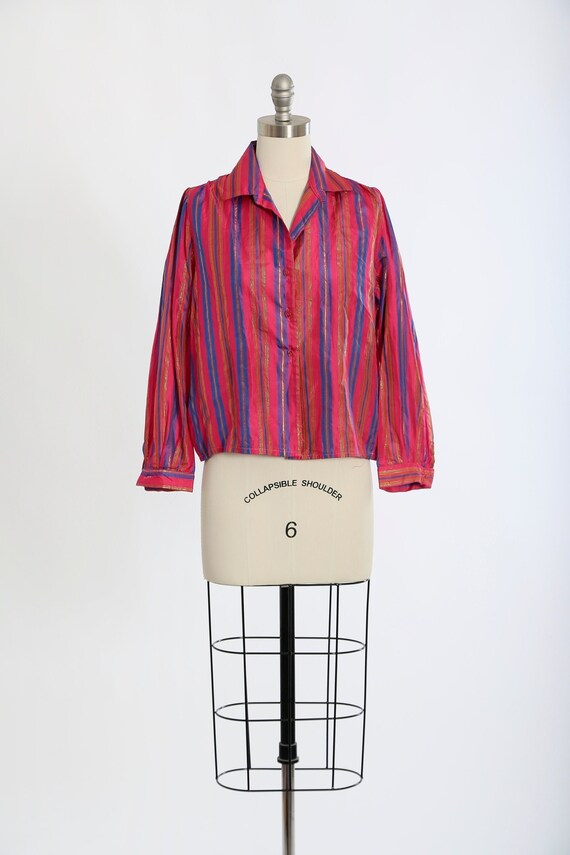 Vintage 80s purple striped gold lame silk blouse