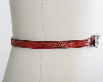 Vintage 80s Floral Red Tooled Leather Belt | Deadstock 1980s  display picture 1
