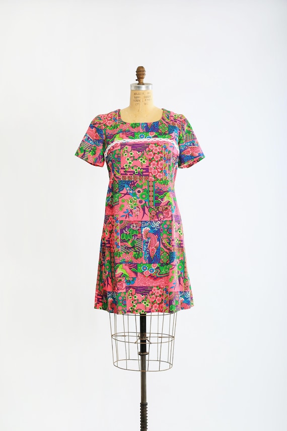 60s Neon barkcloth Koi Fish mini dress