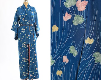 Kimono floreale a foglia anni '50 / Kimono giapponese in seta con stampa foglia verde acqua vintage anni '50 / involucro di kimono da sposa