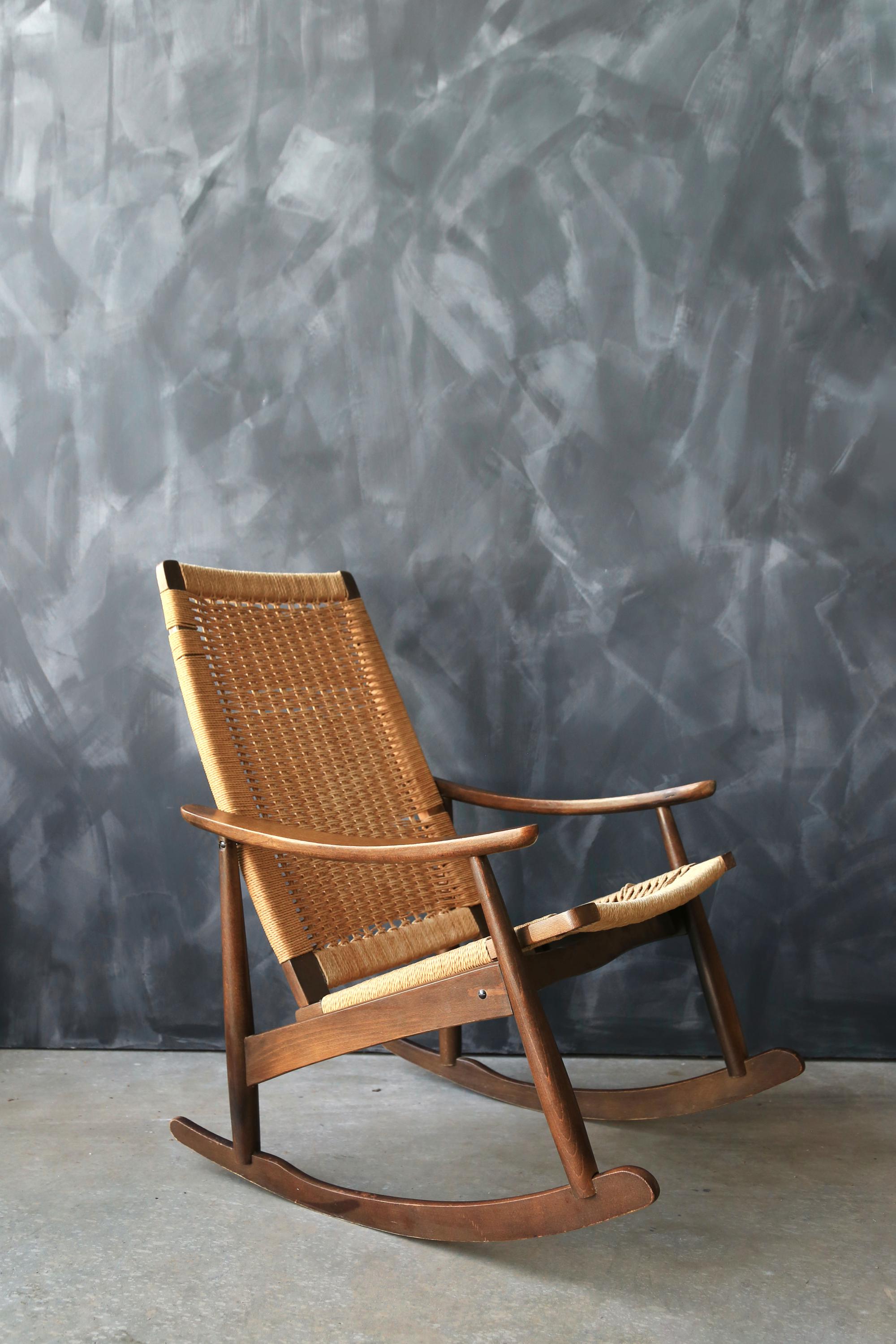 Yugoslavian Rocking Chair Vintage Mid Century Modern Yugoslavia Hans Wegner Style Woven Cord ...