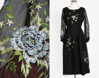 50s Chiffon dress | Vintage 1950s black embroidered beaded sequin dress