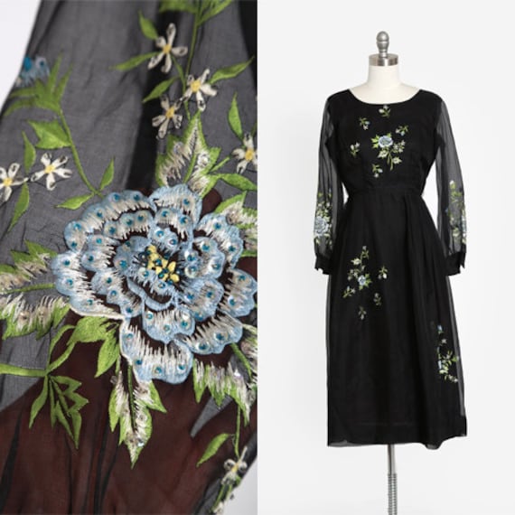 Vintage 1950s Black Silk Chiffon Midi Dress