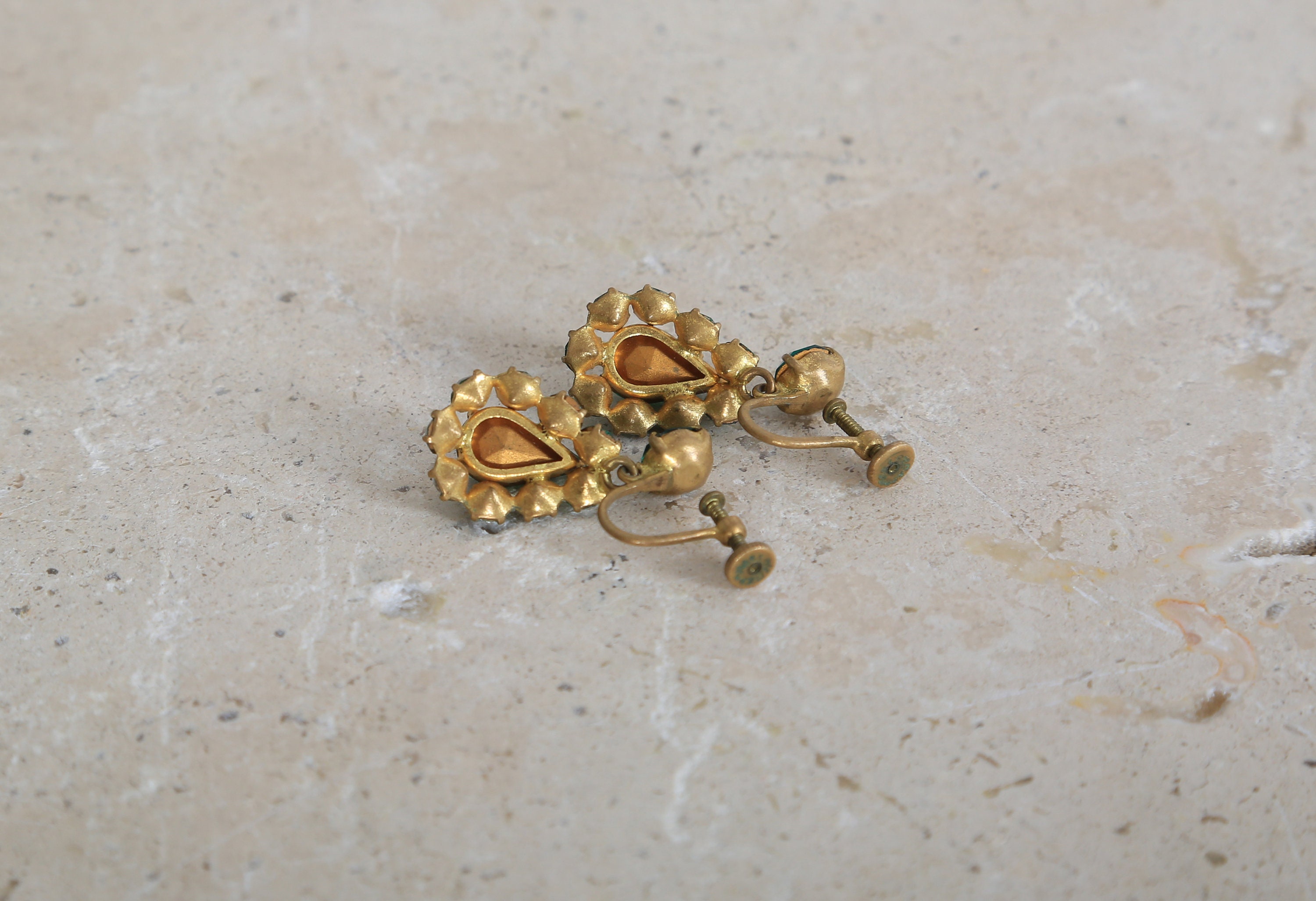 Boucles D'oreilles Vintage Années 50 - Verre Vert D'eau Et Cuivre - Occasion