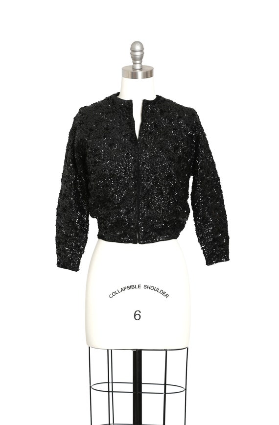 Heavily sequin cardigan | Vintage 1950s black sequ