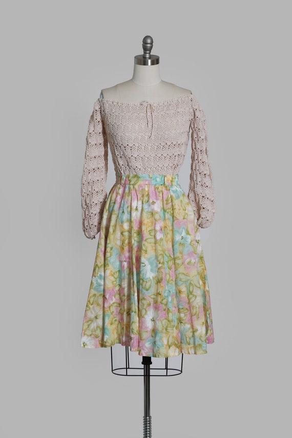 Vintage 80s pastel watercolor floral cotton skirt - image 2