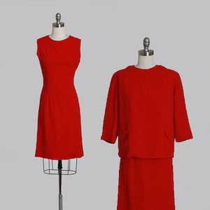 60s red wool suit Vintage 1960s red 2pc shift dress top suit Mid century Modern 2pc dress suit image 1