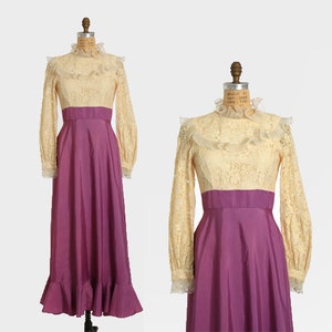 Vintage 70s ivory crochet lace purple ruffle Maxi dress