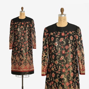 Vintage 60s Metallic gold floral lame Shift dress