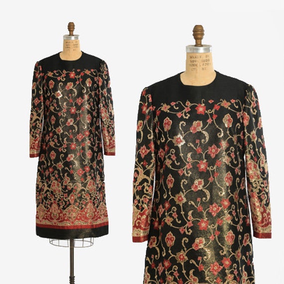 Vintage 60s Metallic gold floral lame Shift dress - image 1