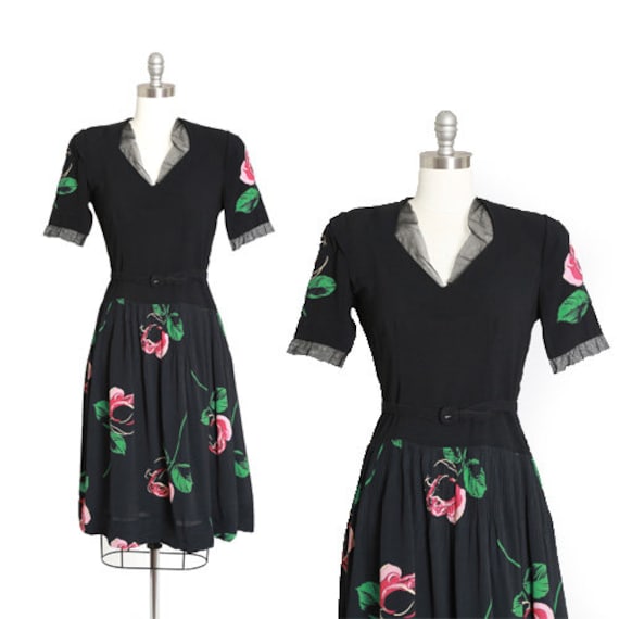 40s rose dress | Vintage 40s black floral Appliqué