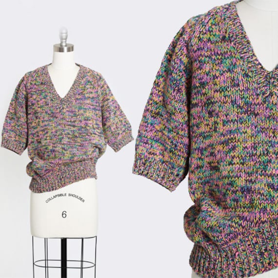 Rainbow V-neck sweater | Vintage 80s hand knit rai