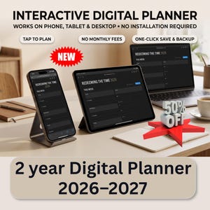 Aplicación de planificador semanal digital 2026-2027, Aprovecha el tiempo al máximo, Funciona en iPhone, Android y computadora, Planificador sin conexión, Descarga instantánea