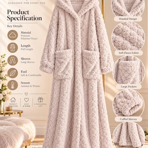 May include: A full-length, light pink hooded robe made of textured, soft polyester fleece. The robe features long sleeves with cuffs, two large front pockets, and a plush, quilted-style pattern throughout the fabric, hanging on a hanger.
