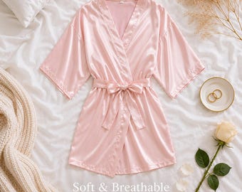 Pink Satin Kimono Robe, Silky Lightweight Bridal Robe, Bridesmaid Loungewear