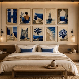 May include: A gallery wall set of ten rectangular framed prints featuring coastal scenes in shades of blue and cream. The artwork depicts Mediterranean architecture, a sailboat, a palm tree, a coral reef, and ocean waves, arranged in two rows.