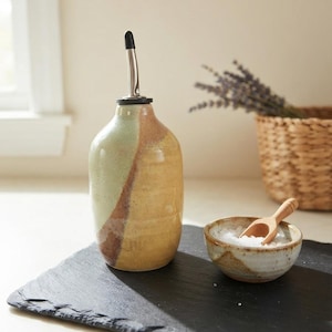 Handmade Ceramic Olive Oil Bottle | Rustic Stoneware Cruet, Kitchen Dispenser