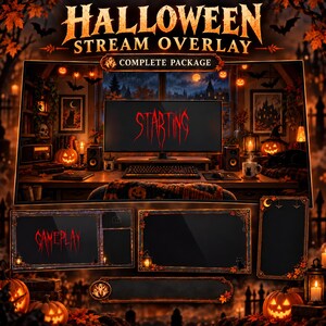 May include: A Halloween stream overlay package featuring a dark, festive theme with orange pumpkins, autumn leaves, and bats. The main screen displays the text STARTING in red, while additional frames include the text GAMEPLAY and decorative borders.