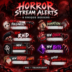May include: A digital graphic set of eight horror-themed stream alerts featuring blood-splattered designs. Elements include a hockey mask, a money bag, a raven on a skull, a heart, a ghost mask, a purple crystal, a hotel key, and a gift box.