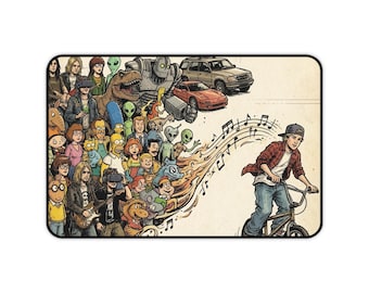 Schreibtischunterlage mit Fahrradfahrer-Collage aus den 90ern | Retro-Popkultur-Illustration