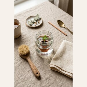 May include: A clear glass jar containing a small terracotta pot with a green seedling submerged in water, accompanied by a wooden scrub brush, a ceramic cup, a small dish with leaves, a pencil, a metal spoon, and a folded beige cloth.