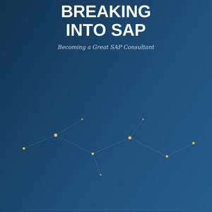 May include: A book cover with a dark blue background featuring the text A PRACTICAL GUIDE BREAKING INTO SAP Becoming a Great SAP Consultant. Below the text is a graphic of yellow dots connected by thin lines. The author is listed as PRINS IPE.