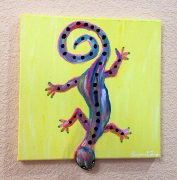 Items similar to Colorful Gecko Painting 12x12 Acrylic on Canvas 3D Sea Shell Head Mixed Media