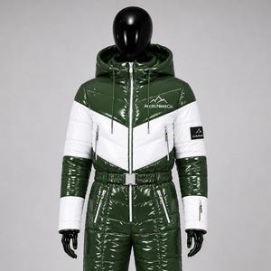 Puede incluir: Un traje de esquí acolchado de color verde oscuro y blanco brillante con capucha y cordones, cremallera frontal y cinturón en la cintura. El pecho muestra el texto ArcticNestCo con un gráfico de montaña y un parche de logo en la manga.