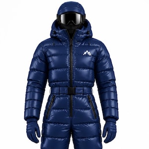 Puede incluir: Un traje de esquí de una pieza azul marino aislado con diseño acolchado, capucha, cremallera frontal, cinturón en la cintura y dos bolsillos con cremallera. El traje presenta un logotipo de montaña blanco en el pecho, guantes, casco y gafas.