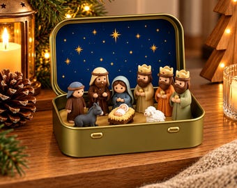 Mini Nativity Scene in Tin Box, Pocket Christmas Manger Set with Figures