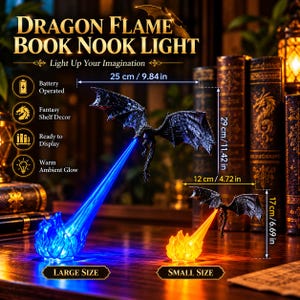 May include: Dragon Flame Book Nook Light featuring two black dragon figures with glowing flames. The large size measures 9.84 inches wide by 11.42 inches high, and the small size measures 4.72 inches wide by 6.69 inches high.