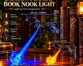 May include: Dragon Flame Book Nook Light featuring two black dragon figures with glowing flames. The large size measures 25 cm wide by 29 cm high, and the small size measures 12 cm wide by 17 cm high.