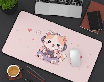 Cute Calico Cat Desk Mat, Anime Desk Mat, Large Mousepad for Gamer Girls, Custom Desk Mat, Cozy Desk Accessories