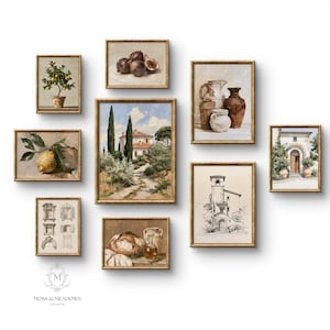 May include: A gallery wall set of nine framed art prints featuring Mediterranean landscapes, architectural sketches, and still life paintings of lemons, figs, pottery, and bread, all enclosed in matching gold-toned frames with a white background.