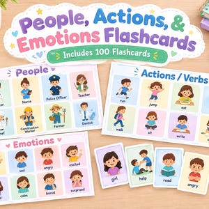 Può includere: Un set di flashcard educative intitolato People, Actions, & Emotions Flashcards, Includes 100 Flashcards. Le carte presentano illustrazioni colorate di varie professioni, verbi e stati emotivi con le relative etichette di testo.