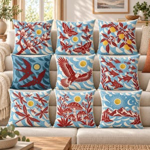 Blue Rust Folk Art Pillow Cover, Moth Lemon Eagle Fish Dragonfly Mushroom Cushion, Japanese Block Print Decor