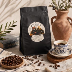 May include: A black coffee bag with a circular label featuring a fox illustration and the text O PONIROS THE SNEAKY ATHENIAN MEDIUM ROAST. The bag is surrounded by scattered roasted coffee beans, a small bowl of beans, and a white cup with blue patterns.