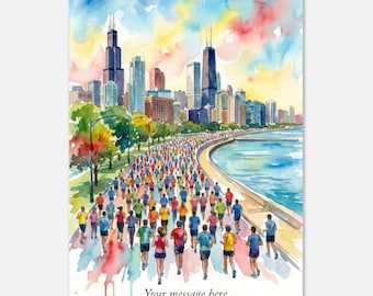 May include: A watercolor print depicting a large group of runners on a path along a waterfront with a city skyline in the background. The scene features colorful buildings, blue water, and a vibrant sky. The text "Your message here" is at the bottom.