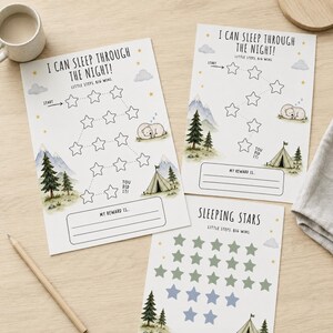 Könnte beinhalten: Drei Belohnungstabellen aus weißem Papier mit schwarzem Text und Illustrationen. Zwei Tabellen mit dem Titel I CAN SLEEP THROUGH THE NIGHT zeigen einen Sternenpfad, Berge, Bäume, ein Zelt und einen schlafenden Bären. Eine Tabelle zeigt farbige Sterne.